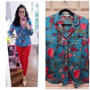 LOFT Teal Floral Button-Up Blouse
